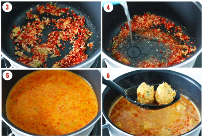 Process steps to make spicy miso soup with chicken meatballs in a pot on the stovetop.