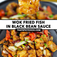 Chopsticks holding up a fried fish piece and fish stir-fry on a black plate. Text overlay "Wok Fried Fish in Black Bean Sauce" and "thatspicychick.com".