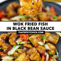 Chopsticks holding up a sauce coated fried fish piece and plate with a stir-fry. Text overlay "Wok Fried Fish in Black Bean Sauce" and "thatspicychick.com".