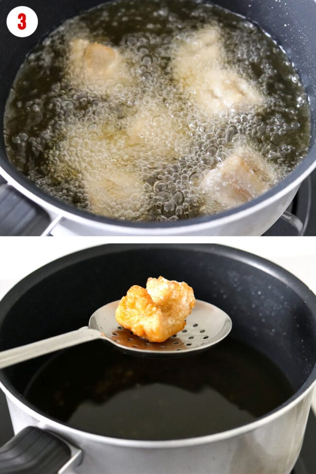 Frying fish pieces in a pot and holding up a fried fish piece on a metal slotted spoon.