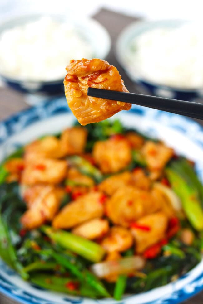 Chopsticks holding up piece of chicken over plate with stir-fry dish.