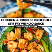 Chopsticks holding up chicken piece and plate with stir-fry. Text overlay "Chicken & Chinese Broccoli Stir-fry with XO Sauce" and "thatspicychick.com".