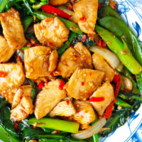 Closeup of plate with chicken and veggies stir-fry. Text overlay "XO Sauce Chicken & Chinese Broccoli Stir-fry" and "thatspicychick.com".