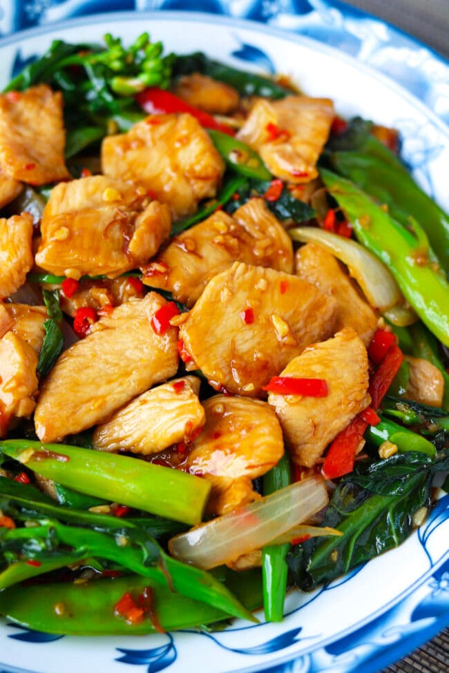 Closeup front view of plate with chicken and vegetables stir-fry.