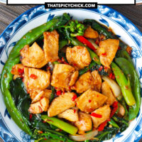 Top view of plate with chicken stir-fry and bowls with rice. Text overlay "XO Sauce Chicken & Chinese Broccoli Stir-fry" and "thatspicychick.com".