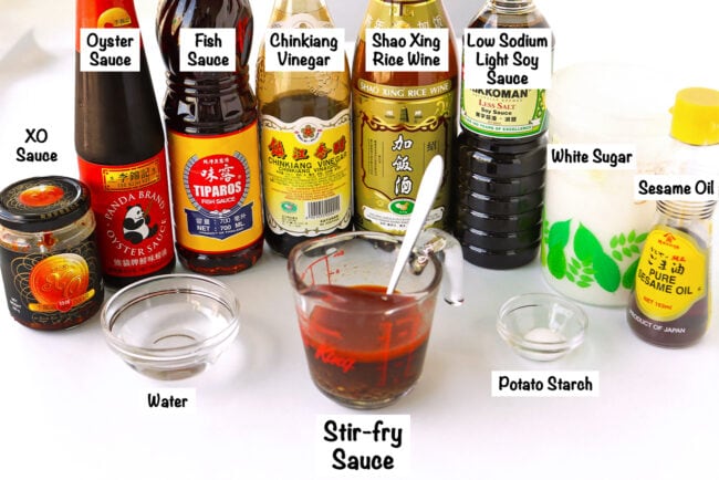 Labeled stir-fry sauce ingredients for XO sauce chicken and Chinese broccoli stir-fry.