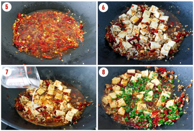 Final steps to make Braised Tofu and Pork with Pickled Chilies in a wok.