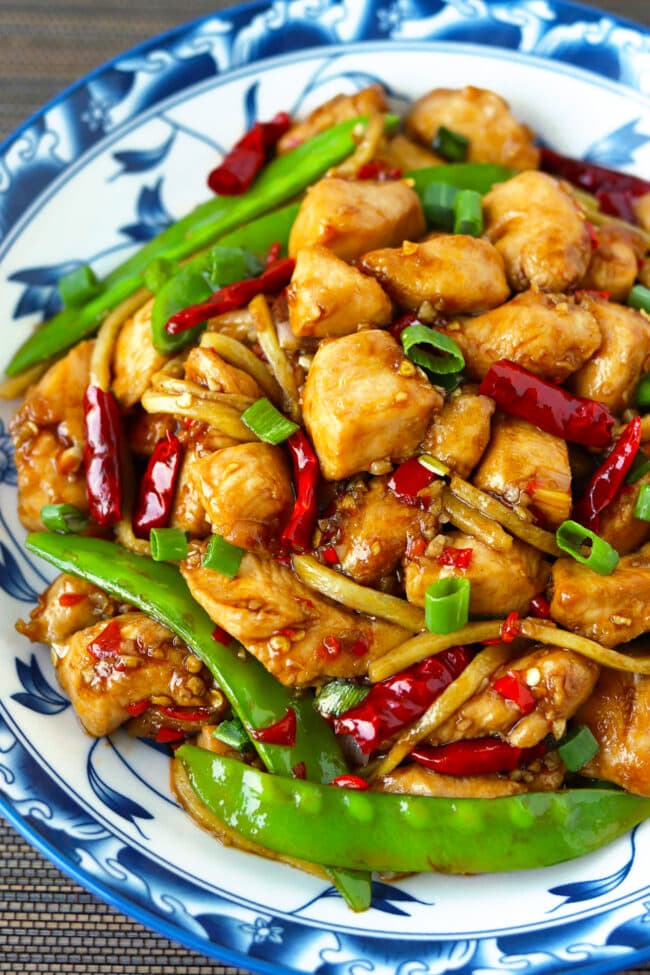 Closeup front view of plate with chicken stir-fry.