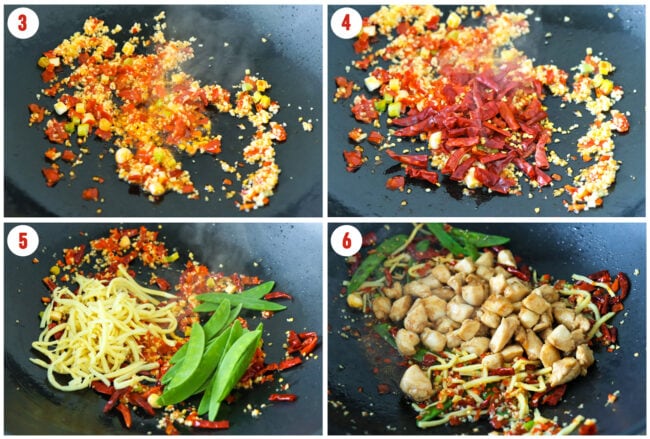 Process steps to make chicken in vinegar sauce (cu liu ji) stir-fry in wok.