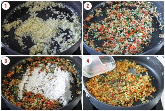 Process steps to make spicy cream sauce in a pan on a stovetop.