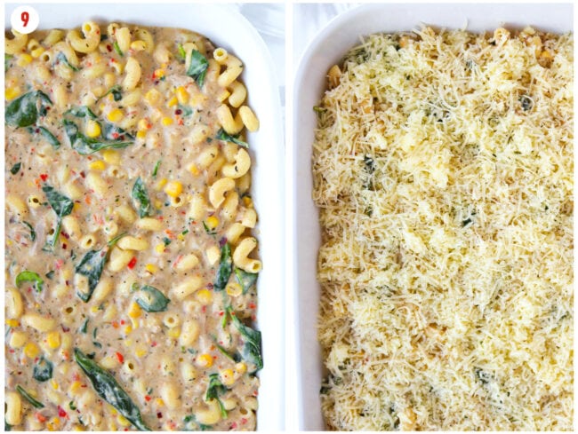 Creamy pasta with corn and spinach piled into a baking dish and topped with grated cheese.