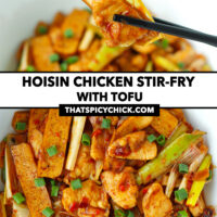Chopsticks holding up bite and chicken and tofu stir-fry in bowl. Text overlay "Hoisin Chicken Stir-fry with Tofu" and "thatspicychick.com".