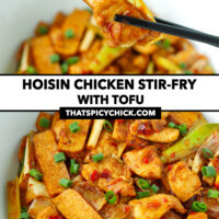 Chopsticks holding up bite and chicken and tofu stir-fry in serving bowl. Text overlay "Hoisin Chicken Stir-fry with Tofu" and "thatspicychick.com".