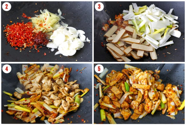 Process steps to make hoisin chicken stir-fry with tofu in a wok.