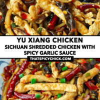 Chopsticks tucken in garlic sauce chicken stir-fry and closeup of stir-fry in a plate. Text overlay "Yu Xiang Chicken", "Sichuan Shredded Chicken with Spicy Garlic Sauce", and "thatspicychick.com".