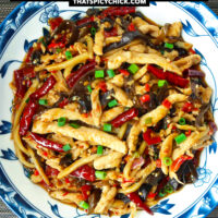 Plate with spicy shredded chicken stir-fry. Text overlay "Yu Xiang Chicken", "Sichuan Shredded Chicken with Spicy Garlic Sauce", and "thatspicychick.com".