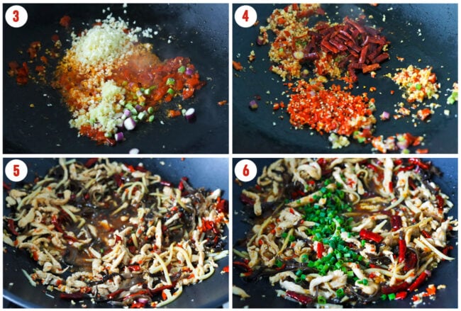Process steps to make Yu Xiang Chicken stir-fry in a wok.