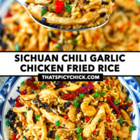 Bite of fried rice on a spoon and on a plate. Text overlay "Sichuan Chili Garlic Chicken Fried Rice" and "thatspicychick.com".