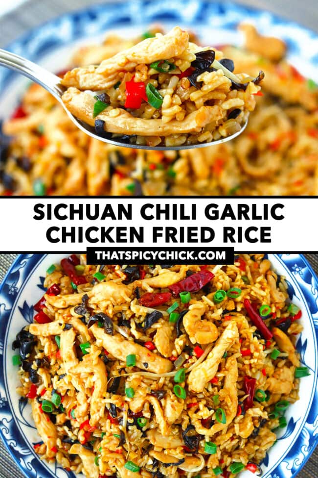 Bite of fried rice on a spoon and on a plate. Text overlay "Sichuan Chili Garlic Chicken Fried Rice" and "thatspicychick.com".