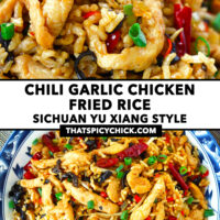 Closeup of chicken fried rice and fried rice on a plate. Text overlay "Chili Garlic Chicken Fried Rice", "Sichuan Yu Xiang Style", and "thatspicychick.com".