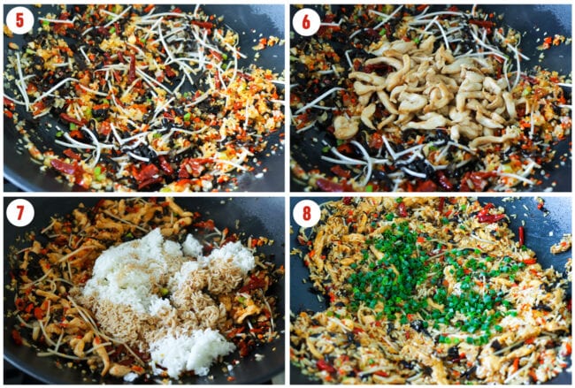 Final process steps to make Chili Garlic Chicken Fried Rice in a wok.