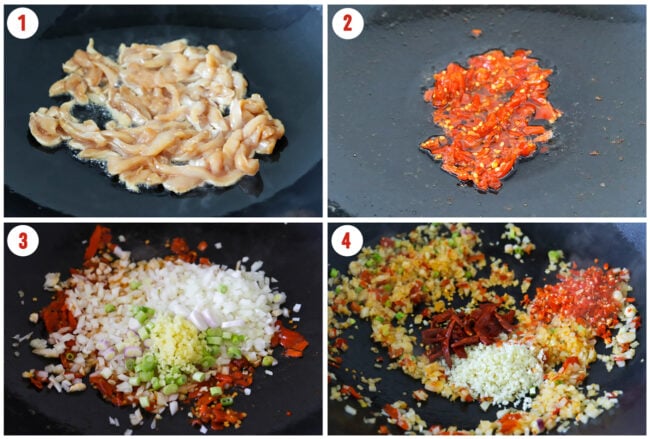 First four steps to make chili garlic chicken fried rice in a wok.