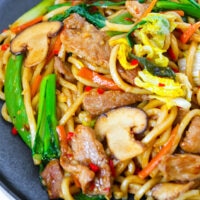 Closeup front view of Chinese stir-fried noodles on a plate. Text overlay "Shanghai Style Fried Noodles" and "thatspicychick.com".