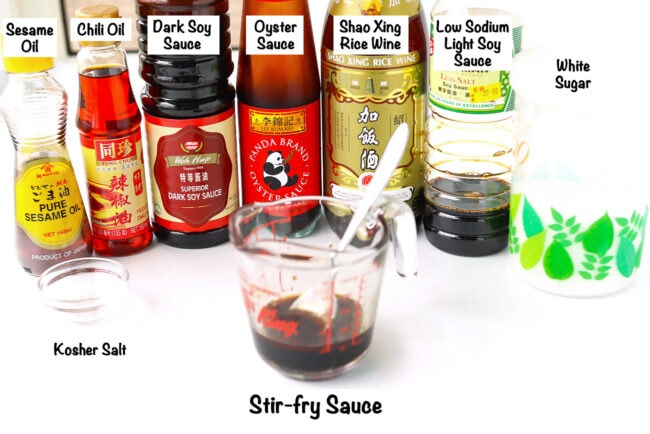 Labeled stir-fry sauce ingredients for Shanghai Fried Noodles.