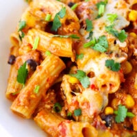 Closeup of pasta in a plate. Text overlay "Chicken Enchilada Pasta", "Cheesy | Spicy | One-Pan Meal" and "thatspicychick.com".