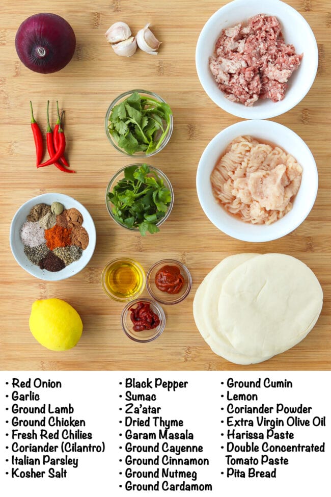 Labeled ingredients for Spicy Meat Stuffed Pitas on a wooden board.