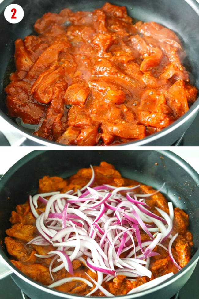 Cooking marinated gochujang chicken in a skillet and added sliced red onion.