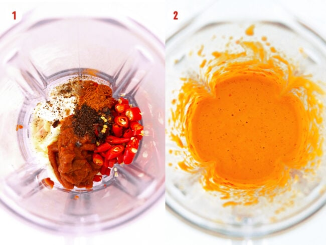 Unblended and blended spicy harissa mayo ingredients in a blender jug.