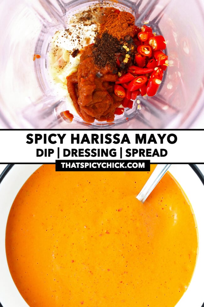 Harissa mayo ingredients in a blender jug and sauce in a bowl. Text overlay "Spicy Harissa Mayo", "Dip | Dressing | Spread" and "thatspicychick.com".