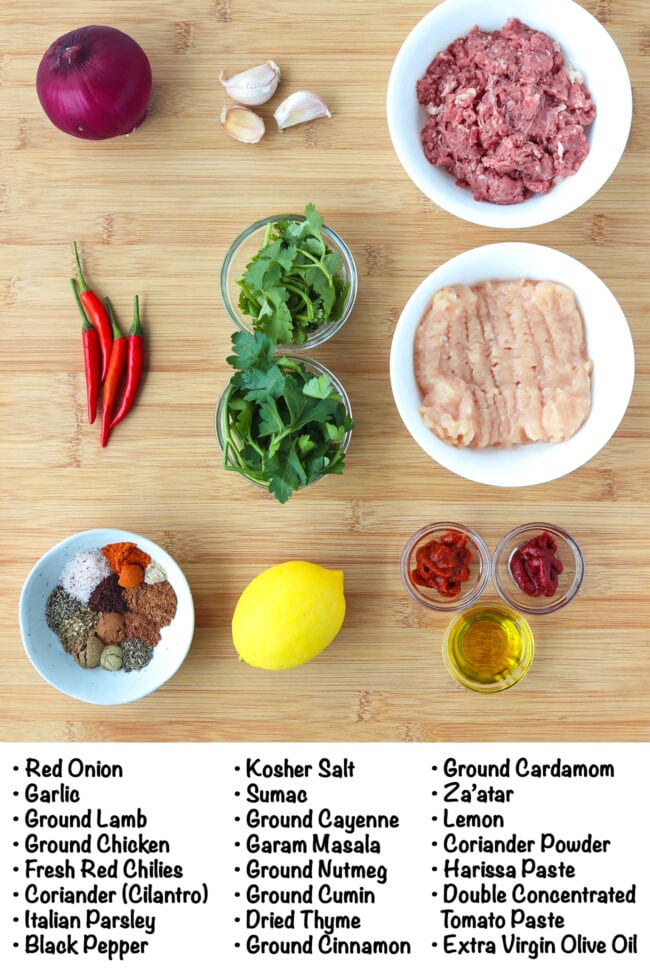 Labeled ingredients for Spicy Lamb and Chicken Kofta on a wooden board.
