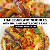Fork with rice noodles bite and stir-fried noodles on plate. Text overlay "Thai Eggplant Noodles with Thai Chili Paste, Pork & Basil" and "thatspicychick.com".