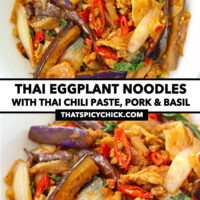 Top and front view of plate with stir-fried rice noodles. Text overlay "Thai Eggplant Noodles with Thai Chili Paste, Pork & Basil" and "thatspicychick.com".