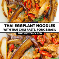 Top and closeup front view of plate with stir-fried rice noodles. Text overlay "Thai Eggplant Noodles with Thai Chili Paste, Pork & Basil" and "thatspicychick.com".