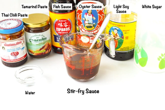 Labeled stir-fry sauce ingredients for Thai Eggplant Noodles.