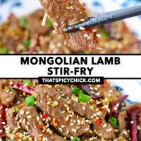 Chopsticks holding up strip of meat and lamb stir-fry closeup on plate. Text overlay "Mongolian Lamb Stir-fry" and "thatspicychick.com".