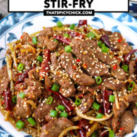 Plate with lamb stir-fry and rice bowls. Text overlay "Mongolian Lamb Stir-fry" and "thatspicychick.com".