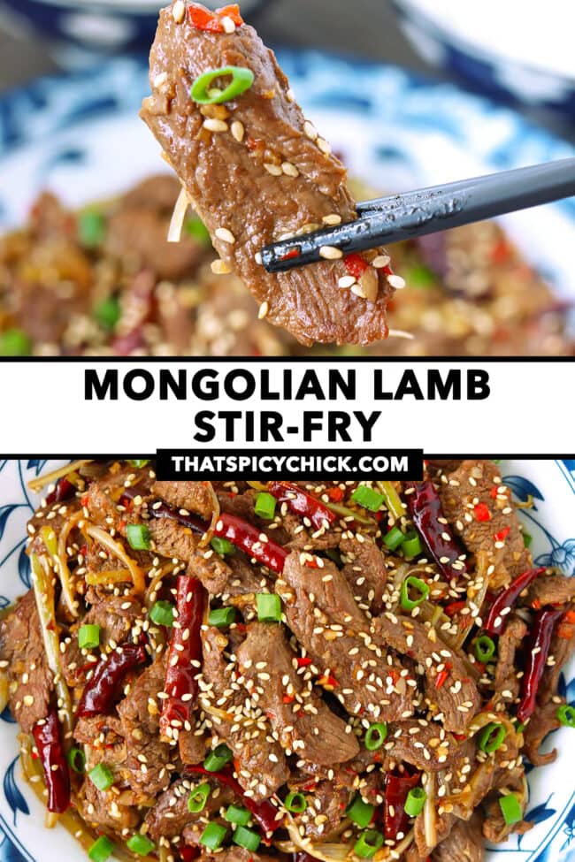 Chopsticks holding up lamb strip and plate with stir-fried dish. Text overlay "Mongolian Lamb Stir-fry" and "thatspicychick.com".