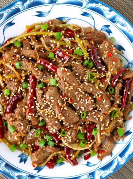 Closeup of Mongolian Lamb Stir-fry on a plate.