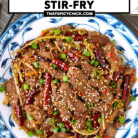 Stir-fried lamb strips on a plate and two bowls with steamed rice. Text overlay "Mongolian Lamb Stir-fry" and "thatspicychick.com".