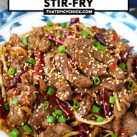 Plate closeup with juicy lamb strips and two bowls with rice in the back. Text overlay "Mongolian Lamb Stir-fry" and "thatspicychick.com".