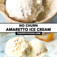 Ice cream scoop in a scooper in a paper carton and scoops in dessert glass. Text overlay "No Churn Amaretto Ice Cream" and "thatspicychick.com".