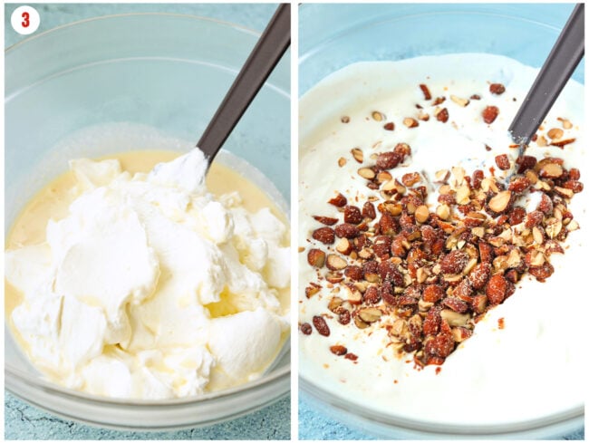 Folding whipped cream into flavorings mixture and folding in chopped honey roasted almonds.