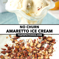 Ice cream scoops in a dessert glass and chopped honey roasted almonds on ice cream mixture. Text overlay "No Churn Amaretto Ice Cream" and "thatspicychick.com".
