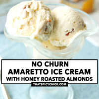 Ice cream in a dessert glass. Disaronno Velvet bottle in the back. Text overlay "No Churn Amaretto Ice Cream with Honey Roasted Almonds" and "thatspicychick.com".