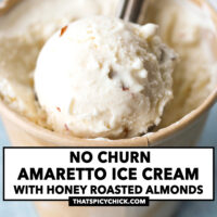Scoop of ice cream in a scooper in a paper carton with ice cream. Text overlay "No Churn Amaretto Ice Cream with Honey Roasted Almonds" and "thatspicychick.com".