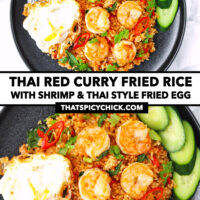 Shrimp fried rice on a black plate with fork and spoon, a fried egg, cucumber slices, and lime wedge. Text overlay "Thai Red Curry Fried Rice with Shrimp & Thai Style Fried Egg" and "thatspicychick.com".